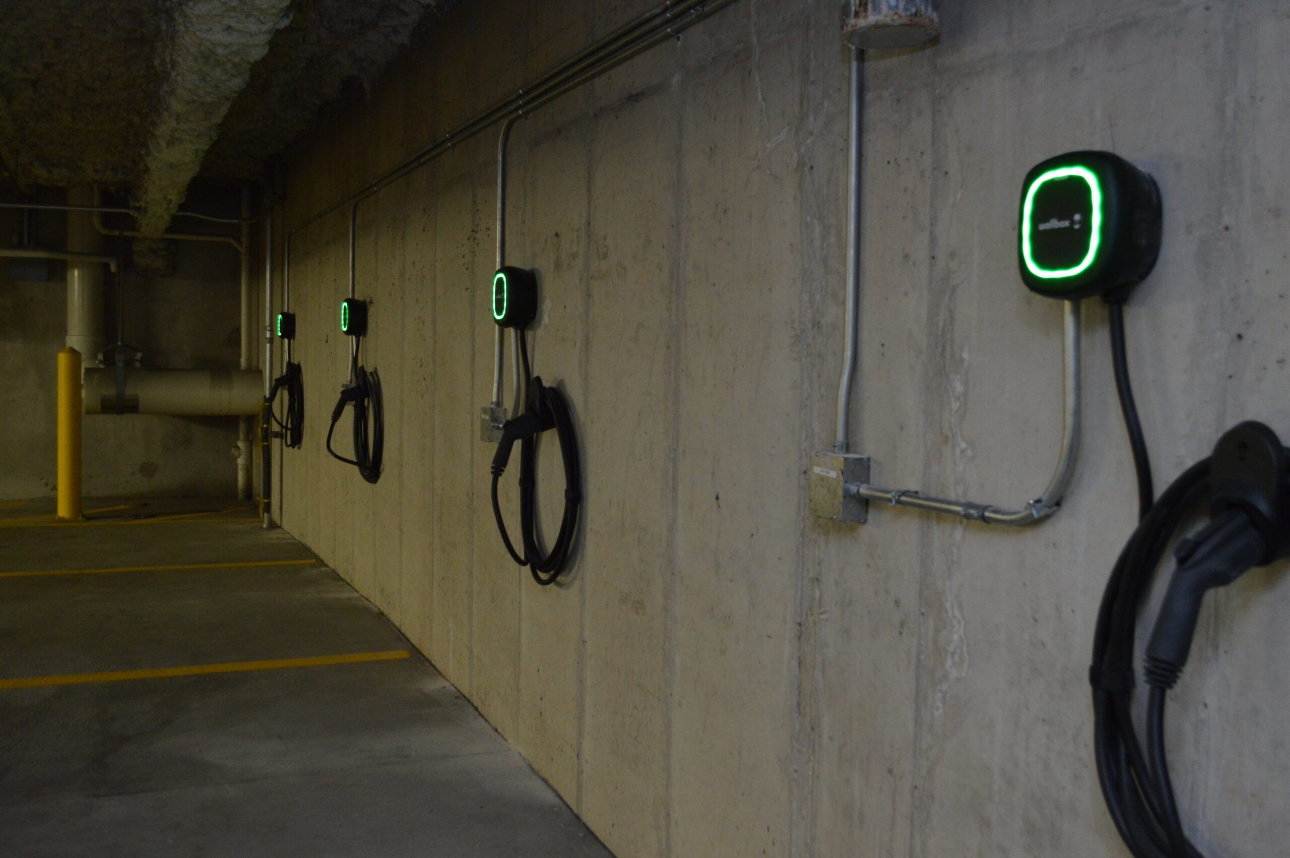 EV chargers in a parking lot